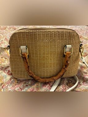 Liz Claiborne Woven Maggie Mini Tan Satchel with White Strap and Bamboo Handles